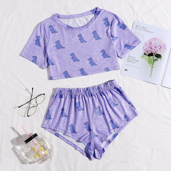 

Cartoon Dinosaur And Galaxy Print Pajama Set, Purple