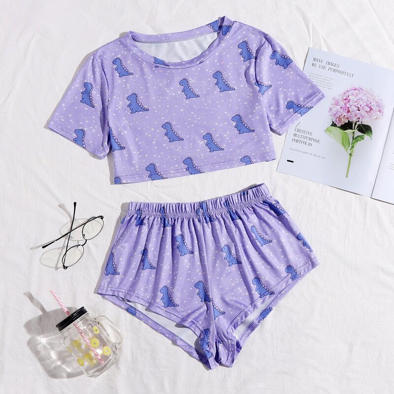 

Cartoon Dinosaur And Galaxy Print Pajama Set, Purple