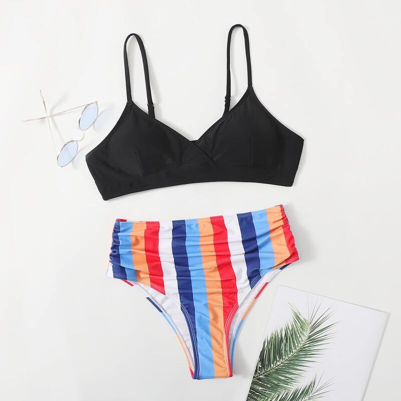 

Stripe Ruched Bikini Swimsuit, Multicolor