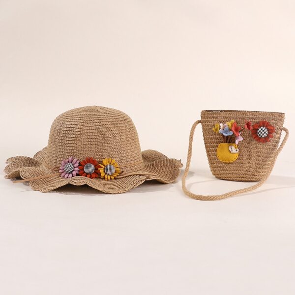

1pc Toddler Girls Flower Decor Hat & 1pc Bag, Brown
