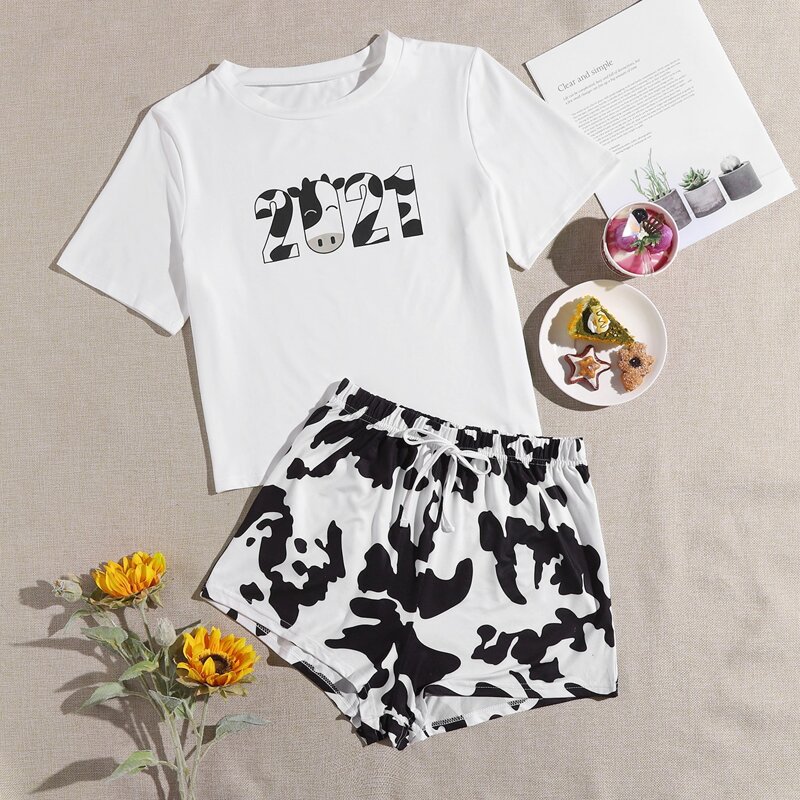 

Cow And Number Print Pajama Set, Black and white