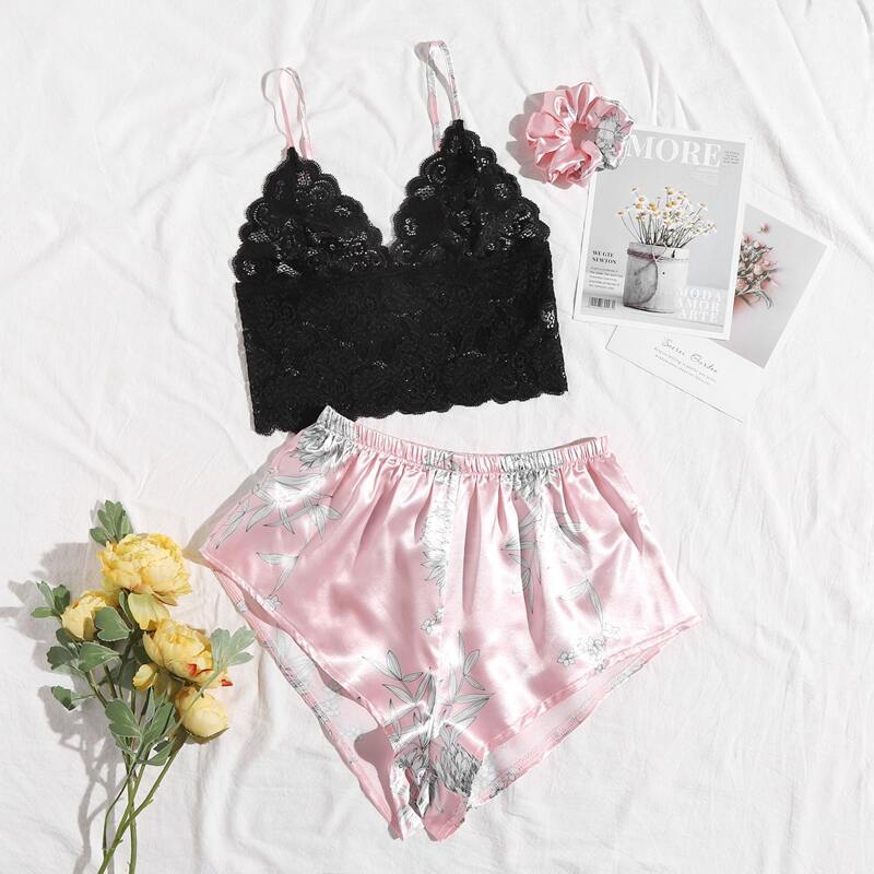

Lace Cami Top & Satin Floral Shorts Night Set, Multicolor