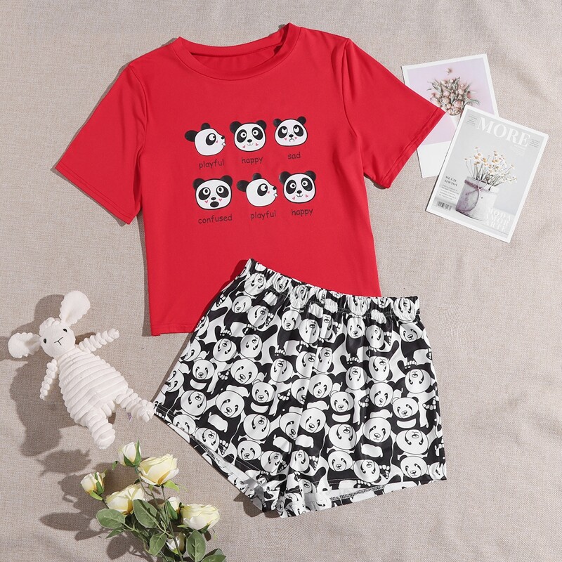 

Cartoon Panda Print Pajama Set, Multicolor