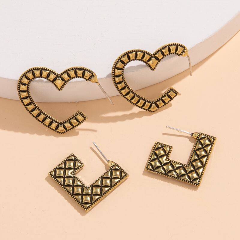 

2pairs Heart & Geometric Design Earrings, Bronze