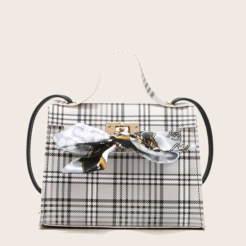 

Scarf Bow Knot Plaid Satchel Bag, Multicolor