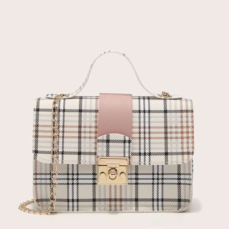 

Plaid Chain Satchel Bag, Multicolor