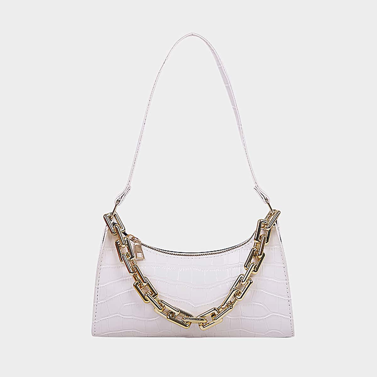

Croc Embossed Chain Baguette Bag, White