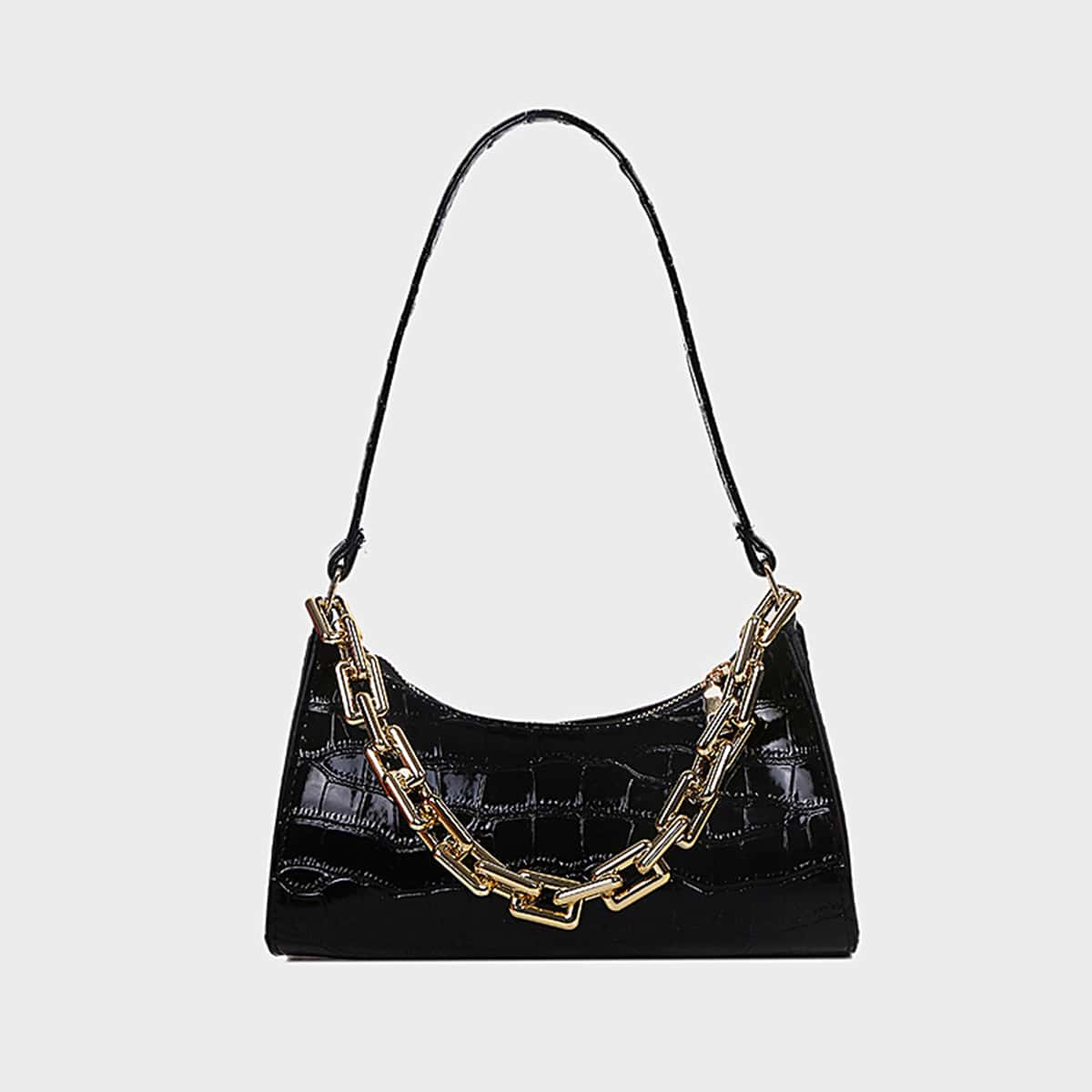 

Croc Embossed Chain Baguette Bag, Black