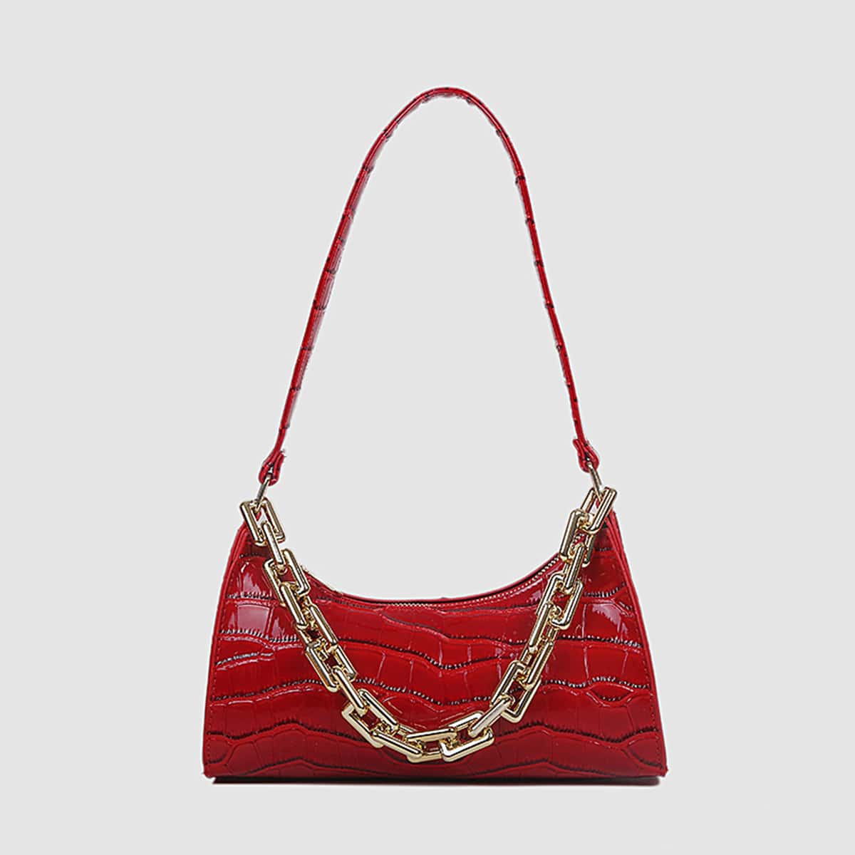 

Croc Embossed Chain Baguette Bag, Red