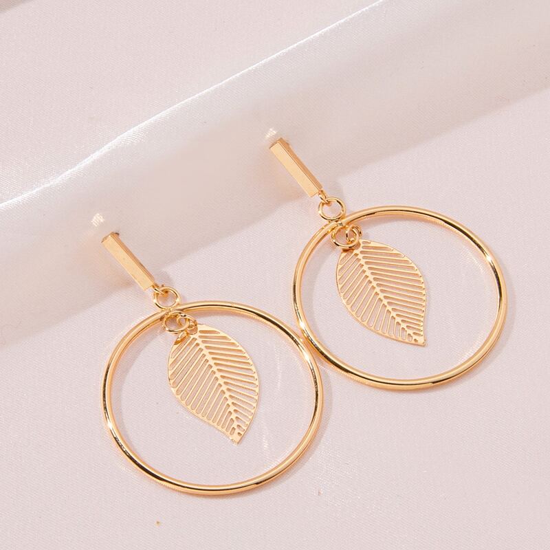 

Leaf & Round Charm Drop Earrings, Gold