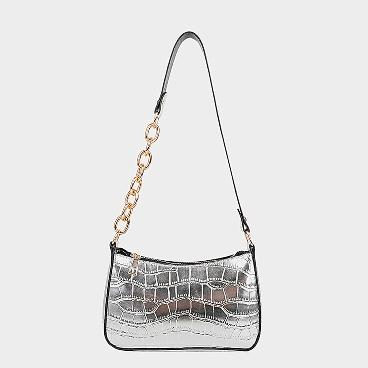 

Croc Embossed Baguette Bag, Silver