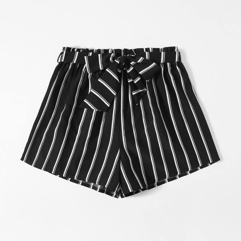 

Striped Belted Shorts, Black and white