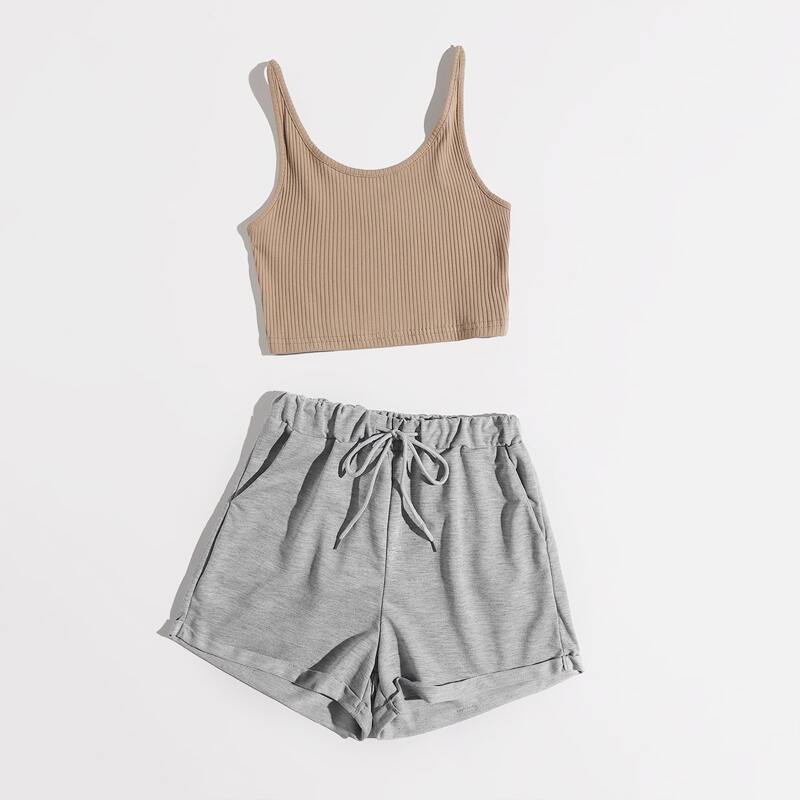 

Solid Ribbed Crop Cami & Drawstring Cuffed Shorts, Multicolor