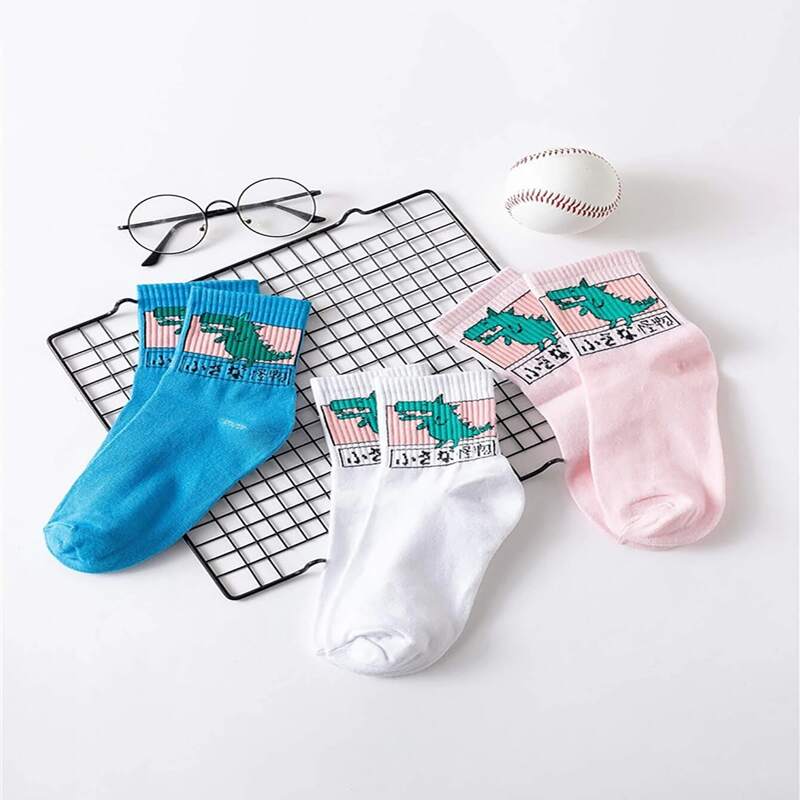 

1pair Random Cartoon Dinosaur Crew Socks, Multicolor