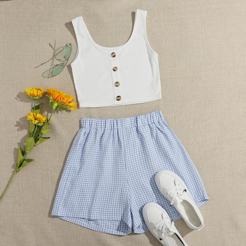 

Solid Button Front Tank Top & Gingham Shorts, Blue and white