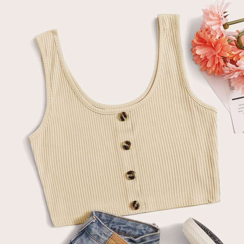 

Solid Button Front Ribbed Tank Top, Beige