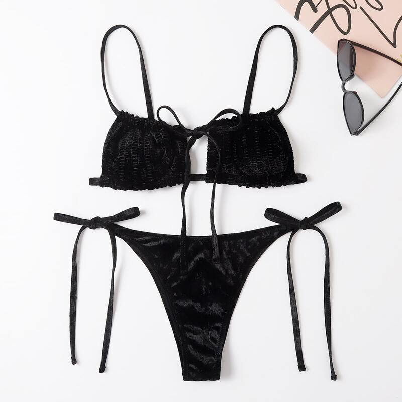 

Ruched Bust Velvet Bikini Swimsuit, Black