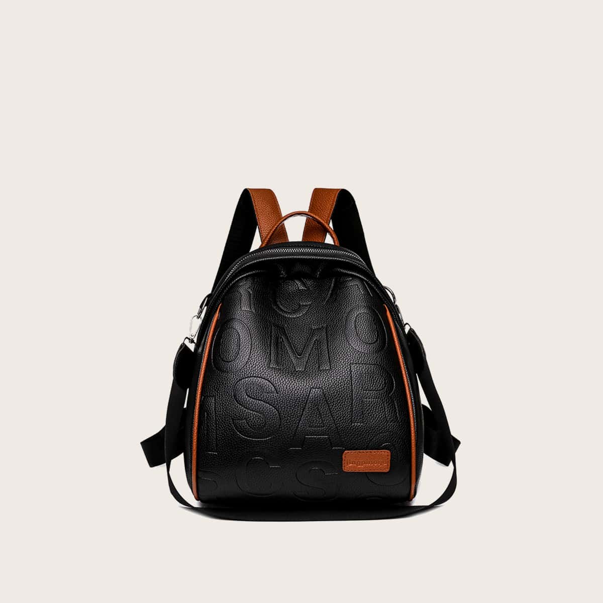 

Letter Embossed Zip Backpack, Black