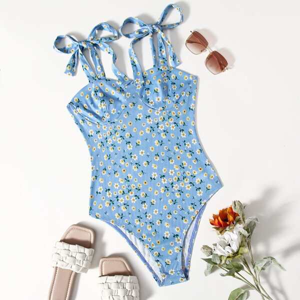 

Tied Shoulder Allover Floral Cami Bodysuit, Baby blue