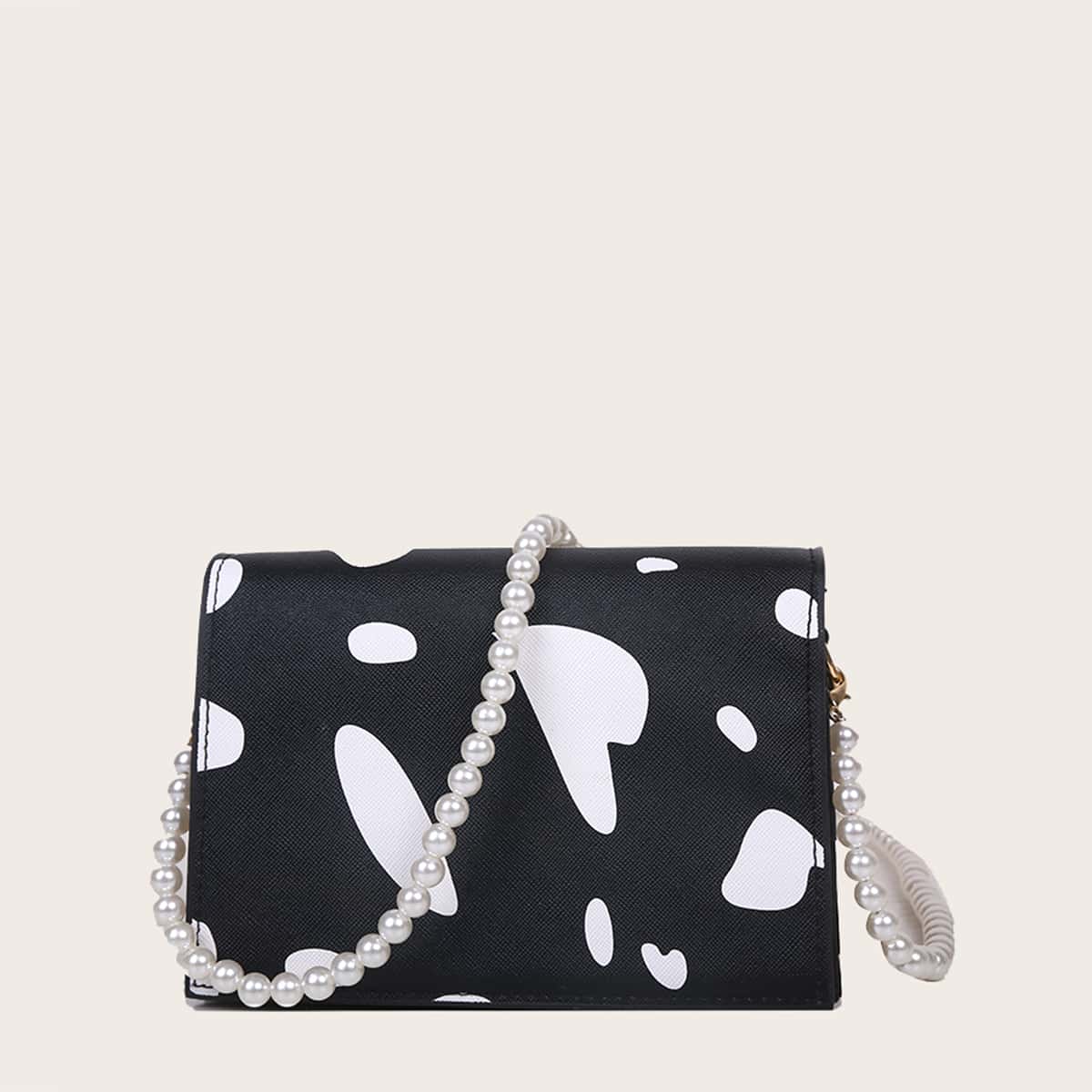 

Cow Print Faux Pearl Crossbody Bag, Black and white