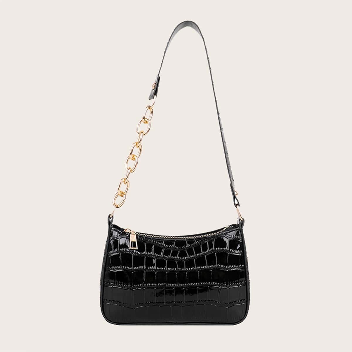 

Croc Embossed Baguette Bag, Black