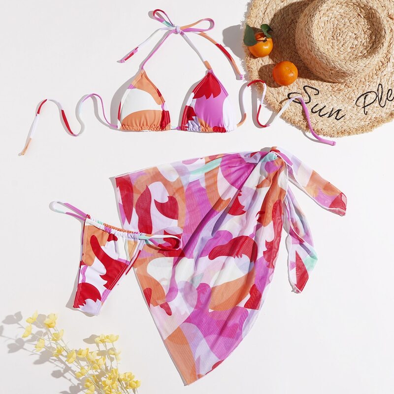

3pack Colorblock Thong Bikini Swimsuit & Beach Skirt, Multicolor