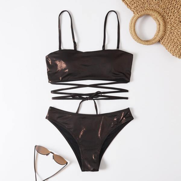 

крест на крест Одноцветный Повседневный Бикини, Шоколадно-коричневый