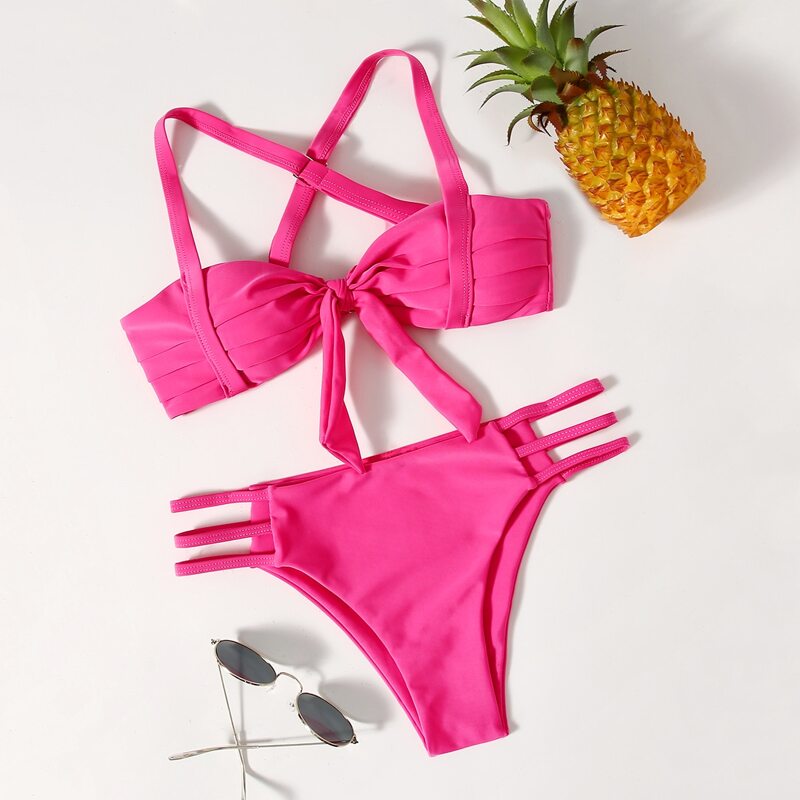 

Knot Front Ladder Cut-out Bikini Swimsuit, Hot pink