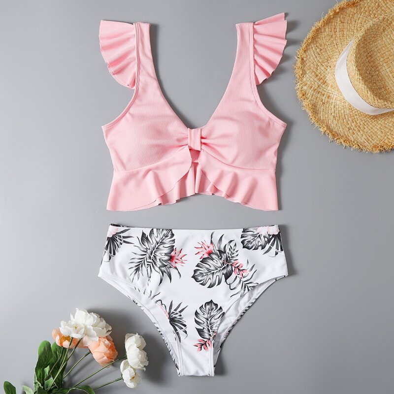 

Leaf Print Ruffle Trim Bikini Swimsuit, Multicolor