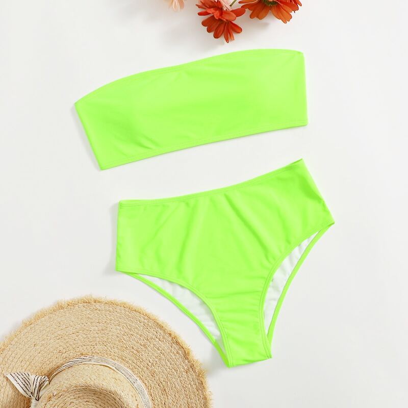 

Solid Bandeau High Waist Bikini Swimsuit, Lime green