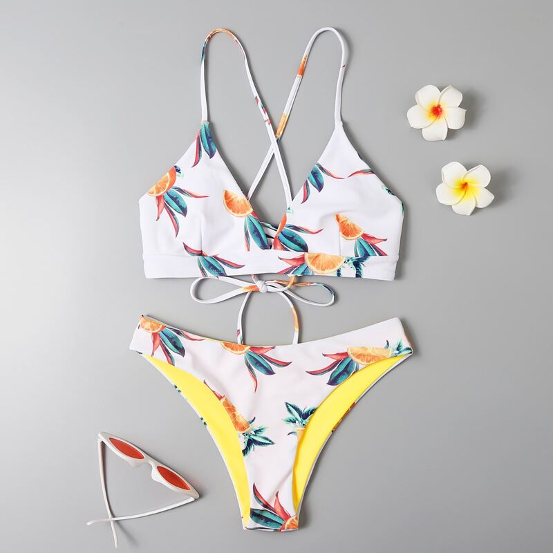 

Fruit Pattern Lace-up Bikini Swimsuit, Multicolor