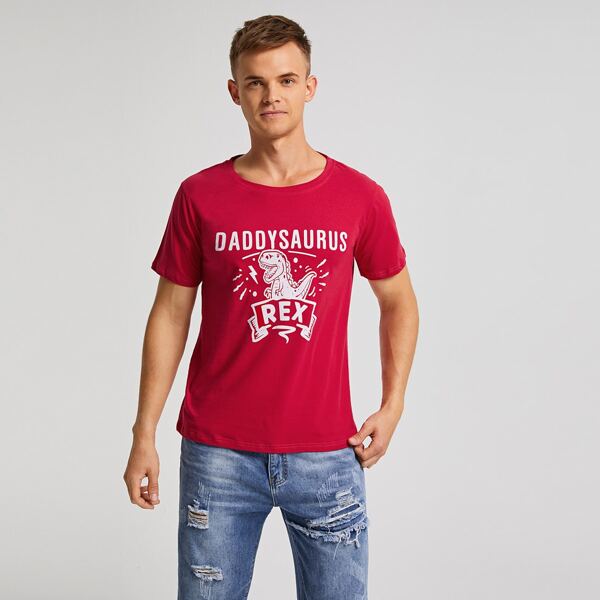 

Men Letter & Dinosaur Print Tee, Rose red