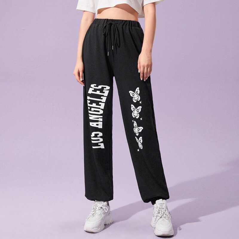 

Letter Butterfly Graphic Drawstring Sweatpants, Black