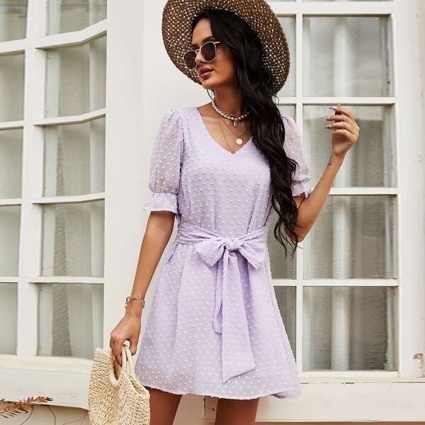 

Swiss Dot Chiffon Belted Dress, Dusty purple