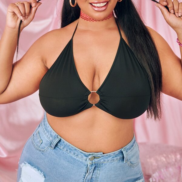 

Plus Ring Detail Crop Halter Top, Black