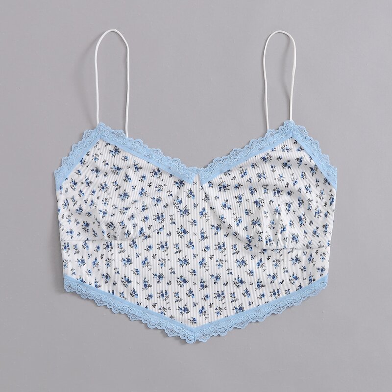 

Contrast Lace Ditsy Floral Crop Cami, Blue and white