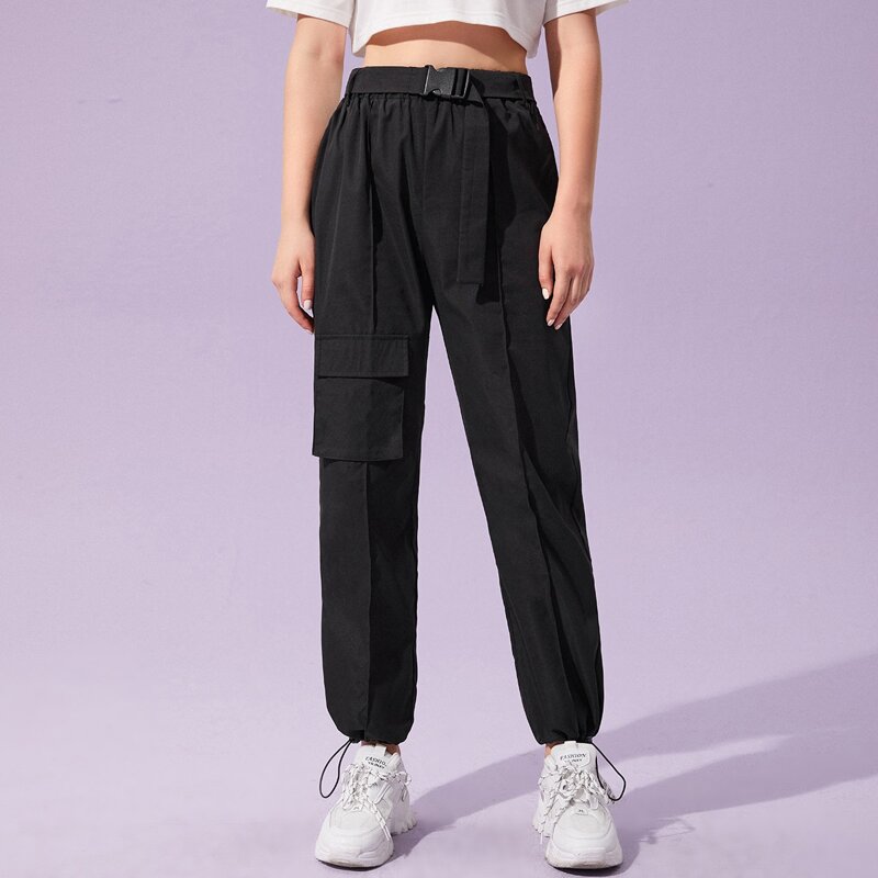 

Solid Drawstring Cargo Pants, Black