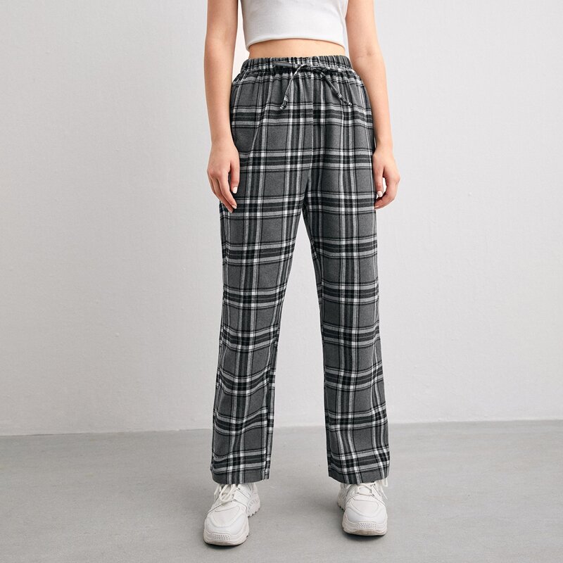 

Tie Front Plaid Pants, Grey