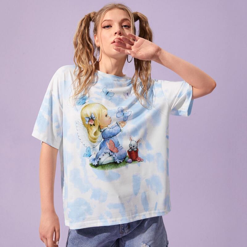 

Tie Dye Figure & Butterfly Graphic Oversized Tee, Multicolor