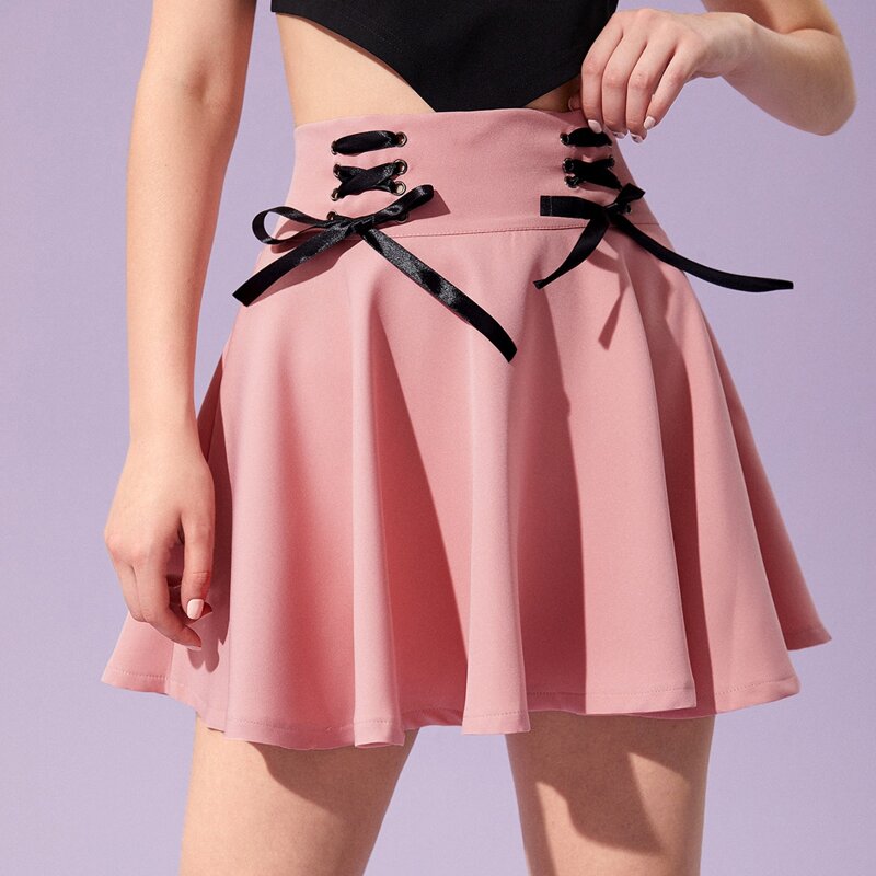 

Solid Lace Up Skirt, Pink