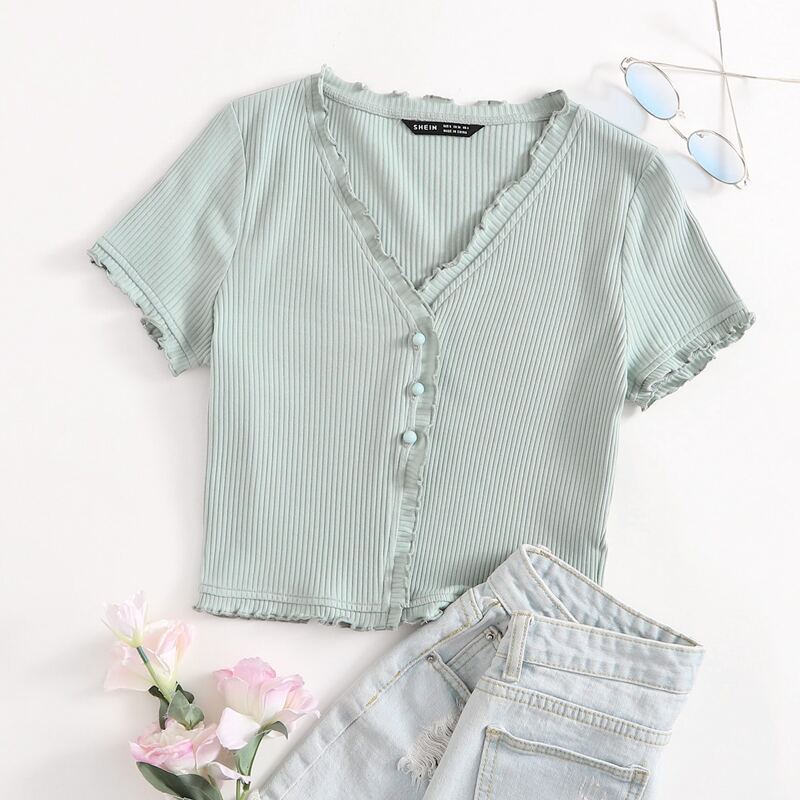 

Frill Trim Button Front Tee, Mint green