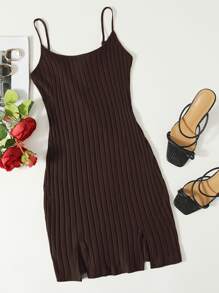 Muchica 開衩下擺羅紋針織連衣裙 - 巧克力棕 - 查看 1