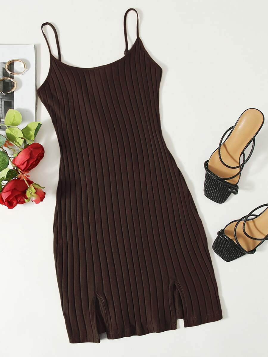 Muchica 開衩下擺羅紋針織連衣裙 - 巧克力棕 - 查看 1
