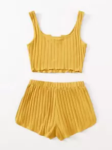 SHEIN EZwear Notch Neck Rib-knit Tank Top & Shorts Set - Yellow - View 2