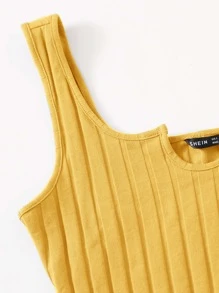 SHEIN EZwear Notch Neck Rib-knit Tank Top & Shorts Set - Yellow - View 4