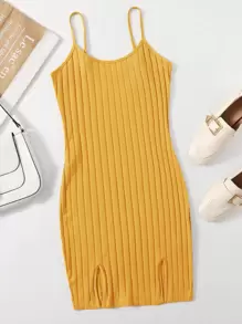 SHEIN EZwear 開衩下擺羅紋針織洋裝 - 黃色 - 查看 1