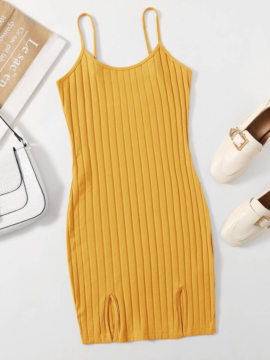 SHEIN EZwear 開衩下擺羅紋針織洋裝 - 黃色 - 查看 1