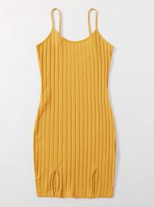 SHEIN EZwear 開衩下擺羅紋針織洋裝 - 黃色 - 查看 3