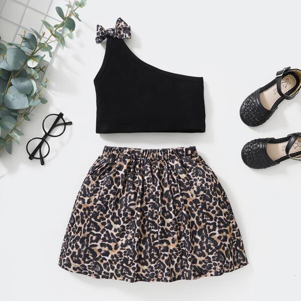 

Toddler Girls Bow Detail One Shoulder Top With Leopard Skirt, Multicolor