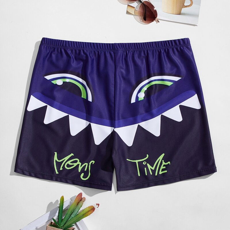 

Guys Cartoon And Letter Graphic Swim Trunks, Multicolor